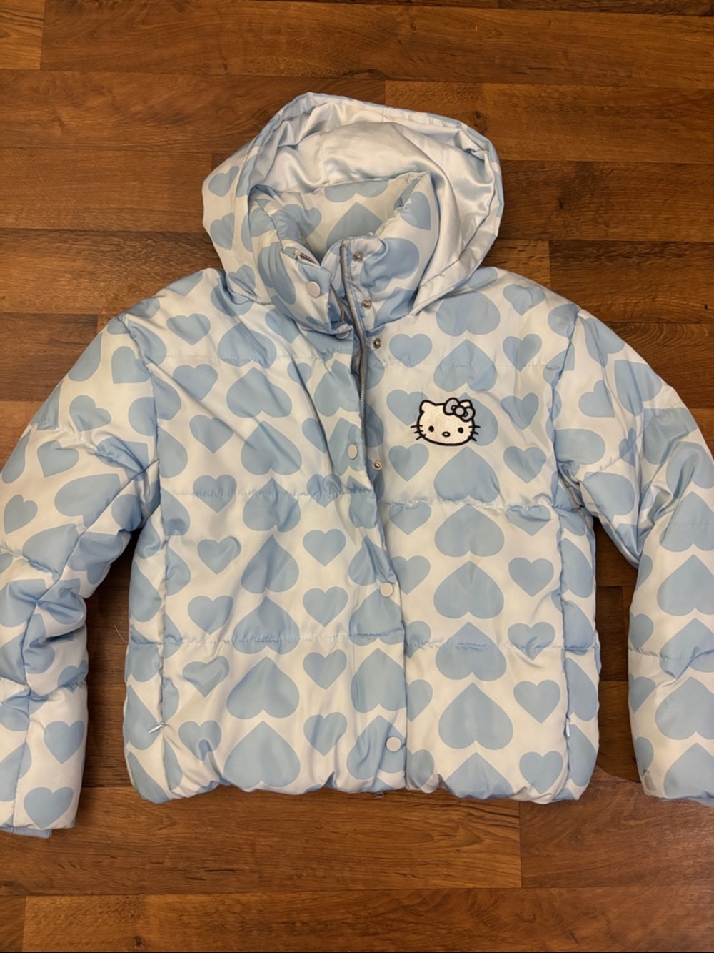 Hello Kitty Light Blue and White Heart Puffer Jacket with Hood